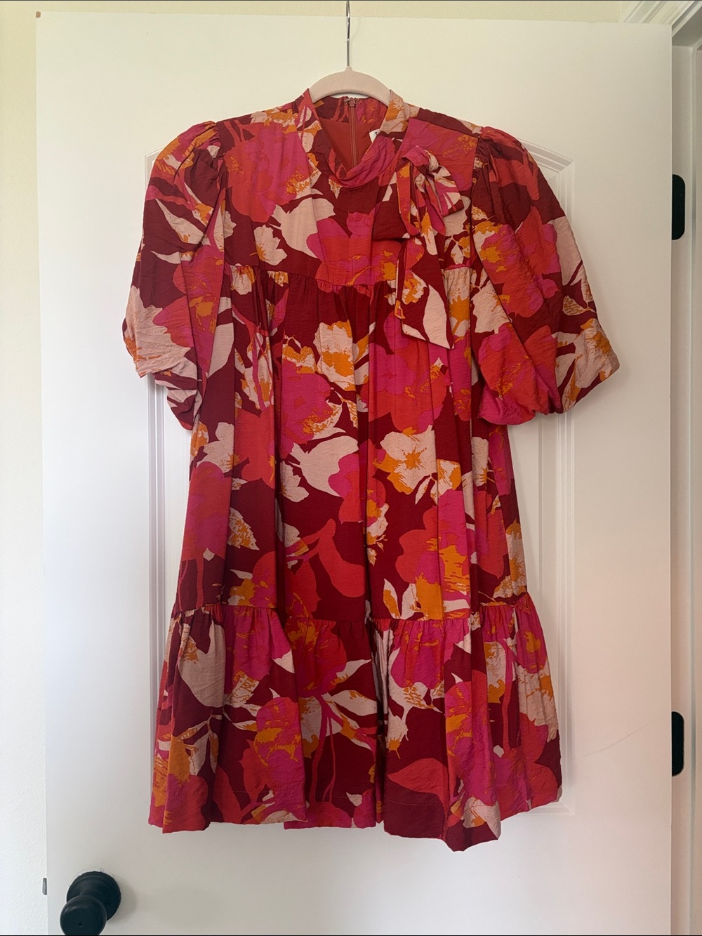 TCEC Red Floral Puff-Sleeve Mini Dress with Pink & Yellow Accents
